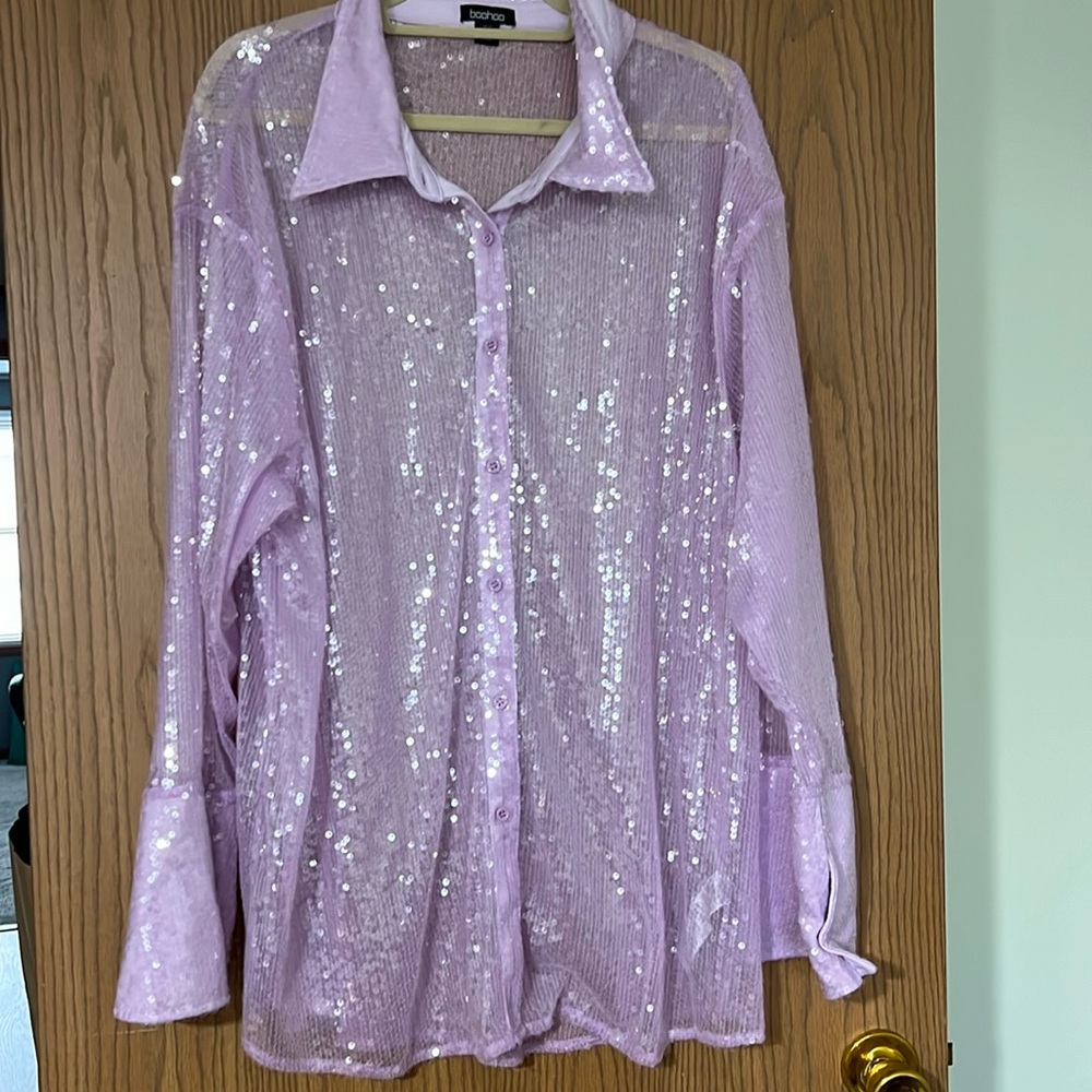 Boohoo lilac sequined button-up blouse